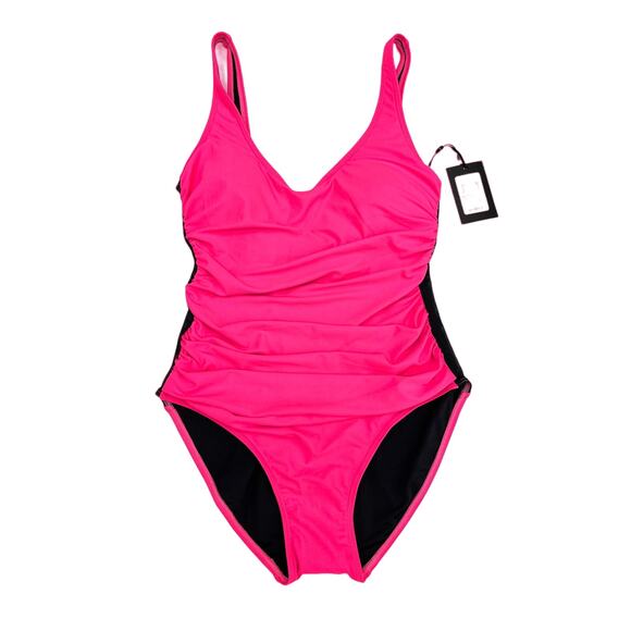 DKNY NEON PINK Ruched Mesh-Contrast One-Piece Swimsuit 4 NWT $98 - Picture 1 of 5